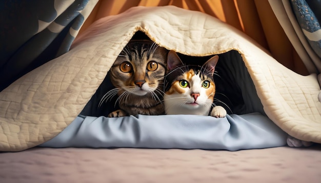 zwei Katzen, die sich in einer Decke verstecken und über denen eine Decke liegt.