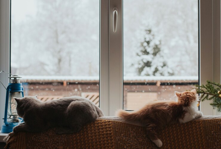 Zwei Katzen liegen auf der Rückseite des Sofas und schauen aus dem Fenster