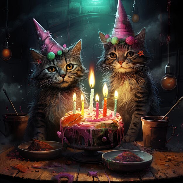 zwei Katzen mit einem Geburtstagskuchen und Kerzen, die Geburtstag der Katze sagen