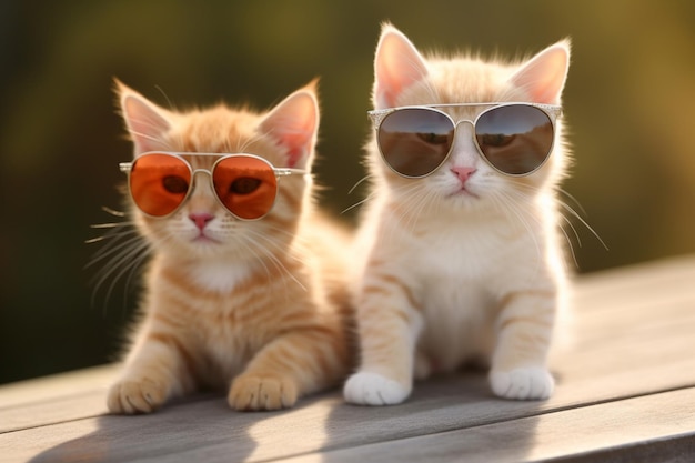 Zwei Katzen mit Sonnenbrille sitzen auf einem Holztisch.