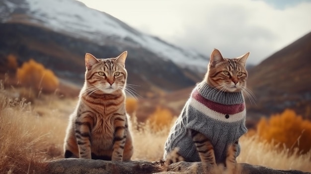 Zwei Katzen mit Wintermützen vor dem Hintergrund hoher Bergegenerativer KI