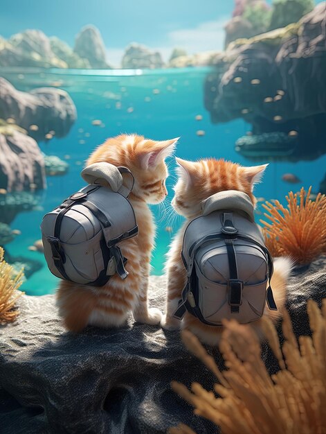 Zwei Katzen schauen sich einen Fischbehälter mit einer Rettungsweste an, auf der steht Meer