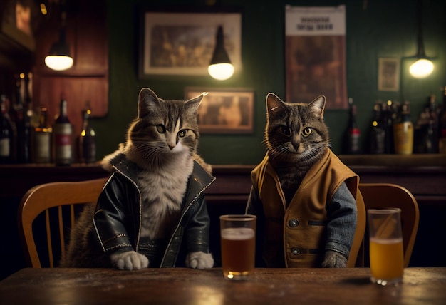 Zwei Katzen sitzen mit einem Glas Bier an einer Bar