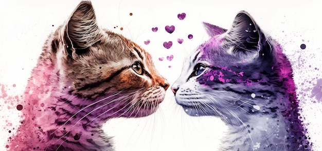 Zwei Katzen und fliegende Herzen Aquarelleffekt Valentinstag Liebe Paar Beziehung Postkarte Grußkartendesign Generative KI