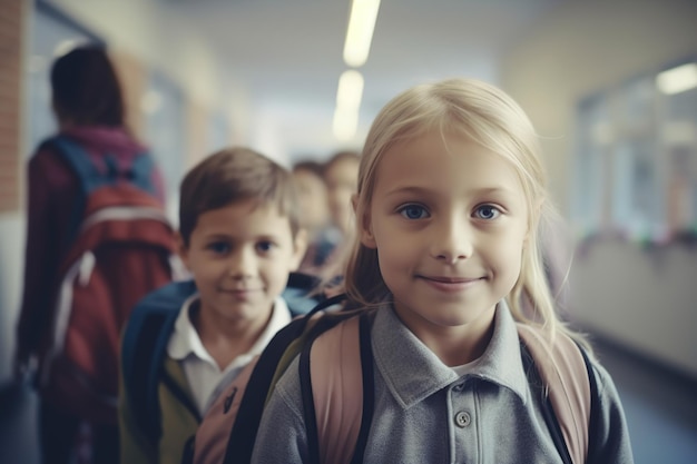 Zwei kaukasische Kinder mit Rucksäcken an ihrem ersten Schultag Generative KI