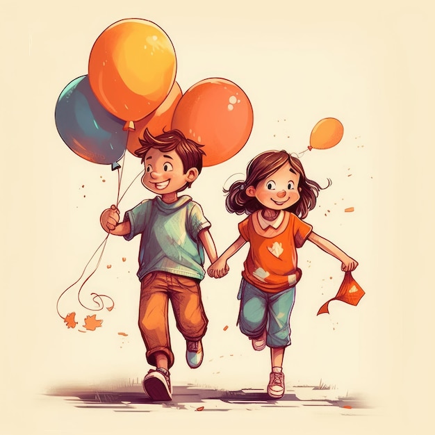 Zwei Kinder, die Luftballons halten, gehen Cartoon-Illustration mit generativer KI