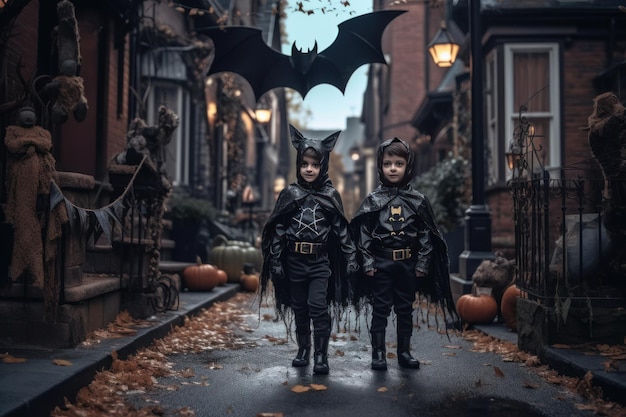 Zwei Kinder, die sich für Halloween als Fledermäuse verkleidet haben, erstellt mit generativer KI-Technologie