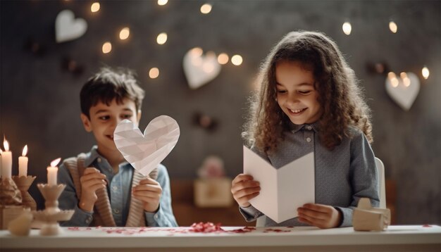 Zwei Kinder, ein Junge und ein verliebtes Mädchen, machen eine Valentinstagskarte mit Herzen, eine selbstgemachte Grüße.
