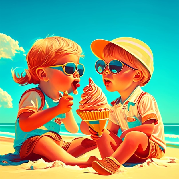 Foto zwei kinder essen eis am strand