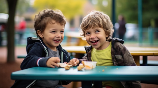 Zwei Kinder essen während der Pause im Freien ein Schulmittagessen