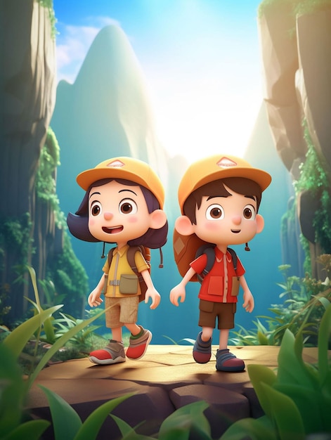 Zwei Kinder gehen in einem Wald spazieren, mit den Worten „Abenteuer“ auf der Vorderseite.