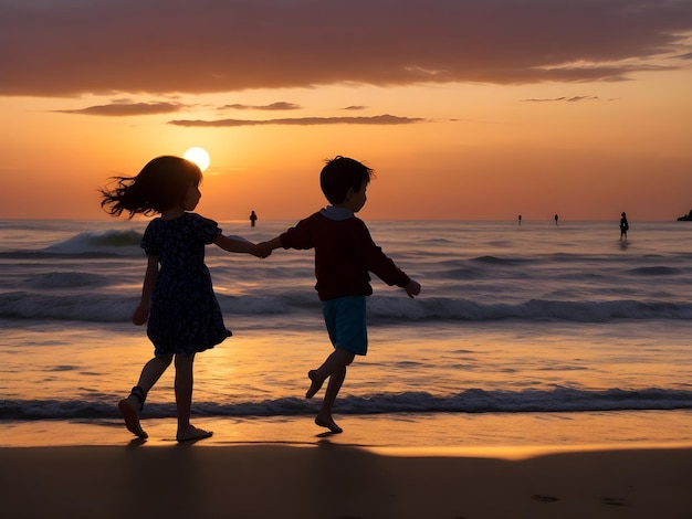 Zwei Kinder halten sich an den Händen und gehen bei Sonnenuntergang am Strand spazieren.