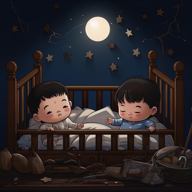 zwei Kinder in einem Bett mit dem Mond im Hintergrund