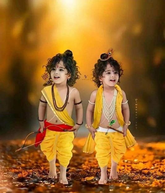 Foto zwei kinder in gelben und orangefarbenen outfits stehen in den blättern