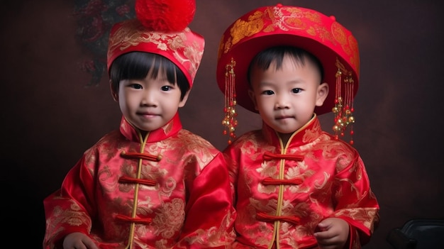 Zwei Kinder in roten chinesischen Kostümen posieren für ein Foto.