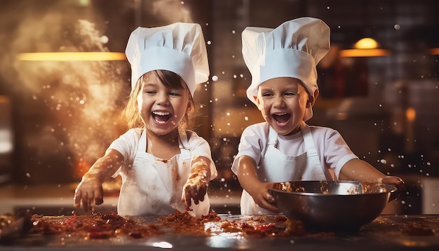 Zwei Kinder kochen zu Weihnachten etwas in der Küche