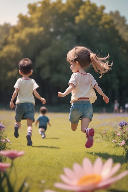 Zwei Kinder laufen auf einem Feld mit Blumen im Hintergrund