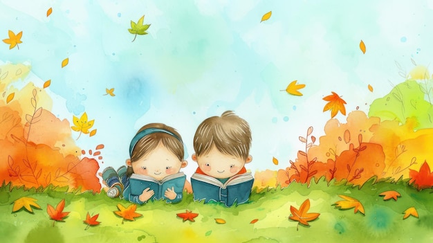 zwei Kinder lesen eine Geschichte aus einem Buch, das auf grünem Boden liegt