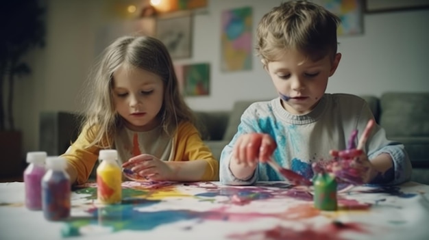 Zwei Kinder malen mit Farbe auf einem Tisch