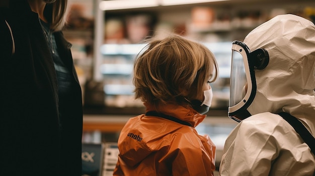 Zwei Kinder mit Schutzmasken stehen in einem Geschäft mit einem Schild mit der Aufschrift „Coronavirus“.