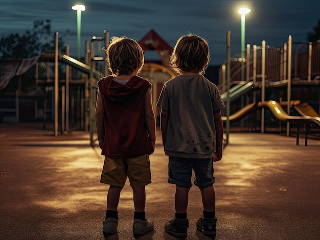 Zwei Kinder nachts auf einem Spielplatz von hinten gesehen