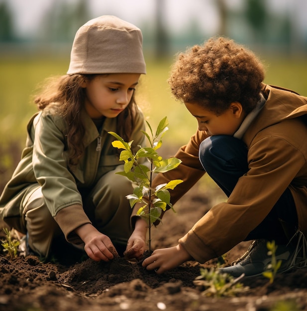 Zwei Kinder pflanzen Bäume auf dem Feld.