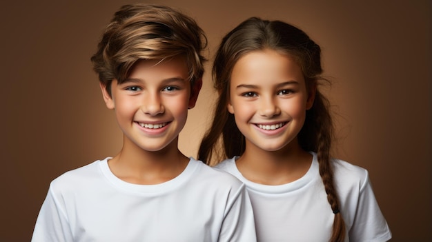 Foto zwei kinder posieren für ein foto in weißen t-shirts