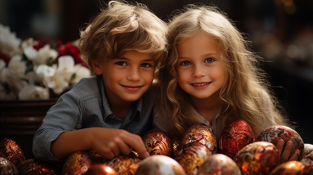 zwei Kinder posieren mit einem Weihnachtsbaum und einem Jungen in einem grauen Hemd