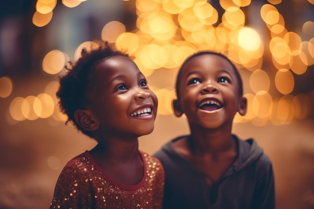 Zwei Kinder schauen auf einen Weihnachtsbaum