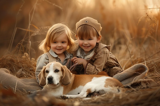 Zwei Kinder sitzen neben einem Hund auf dem Boden