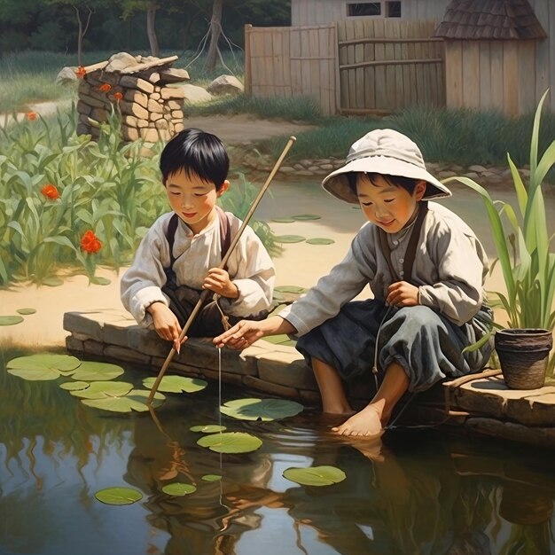 Foto zwei kinder spielen in einem teich mit einer wasserlilie