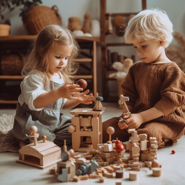 Zwei Kinder spielen mit einem Gebäude aus Legosteinen