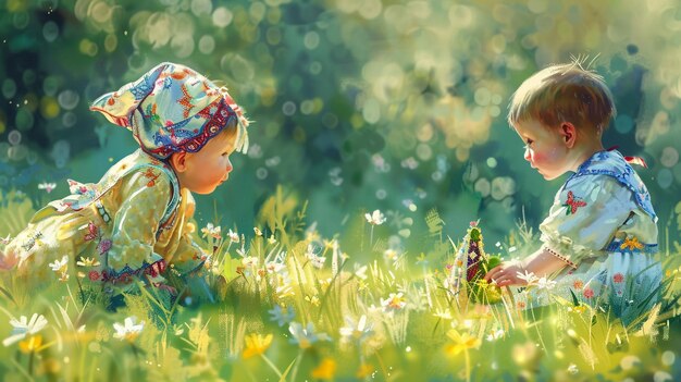 zwei Kinder spielen mit einem Schmetterling im Gras