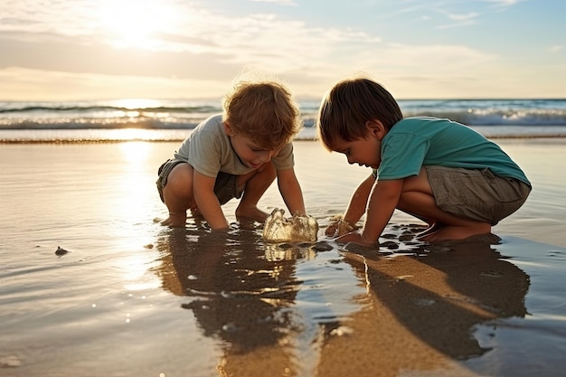 Zwei Kinder spielen mit Sand am Meeresufer während eines glücklichen Kindheitskonzepts bei Sonnenuntergang