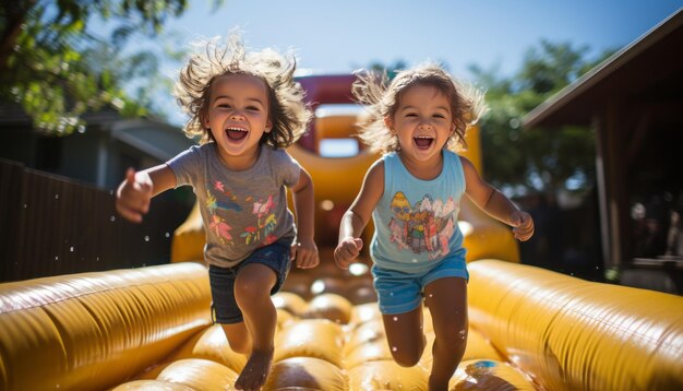 Zwei Kinder springen in einem hüpfenden Haus, Kinder spielen mit anderen.