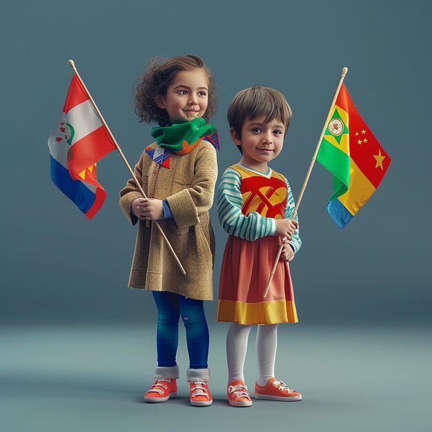 Zwei Kinder stehen neben einer kleinen Flagge, auf der steht: "Das kleine Mädchen hält eine kleine Flagge".