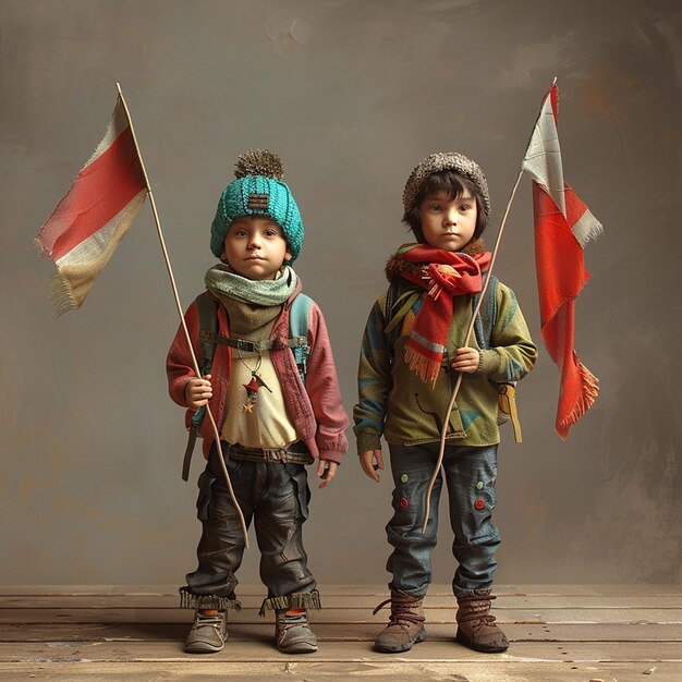 zwei Kinder stehen neben einer rot-weißen Flagge