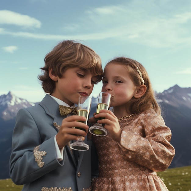 Zwei Kinder trinken Champagner vor einem Berg.