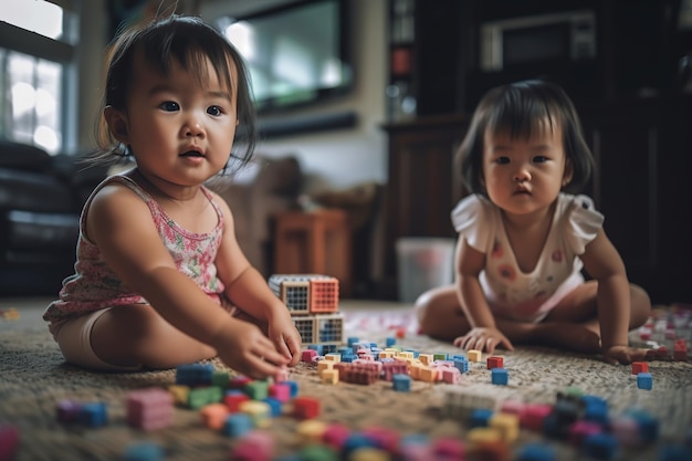 Zwei kleine asiatische Schwestern, die mit Würfelspielzeug spielen Generative KI-Illustration