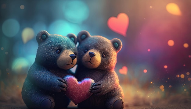 Zwei kleine Bärenspielzeuge halten Herz in Pfoten auf buntem Lens Flare-Hintergrund, niedliche verliebte Teddybären