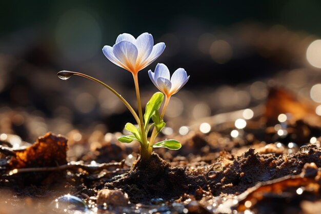 Zwei kleine Blumen wachsen aus der Erde