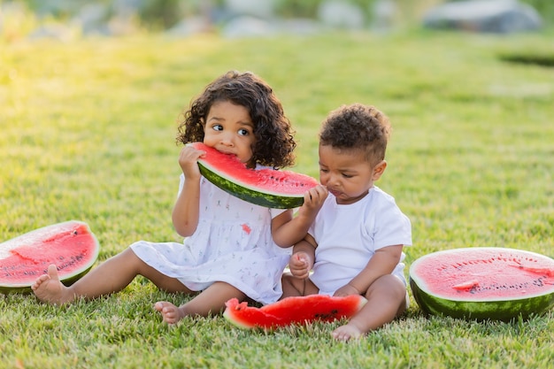 Zwei kleine dunkelhäutige Mädchen mit lockigem Haar, zwei Schwestern, die Wassermelone auf dem Rasenpicknick im Park essen