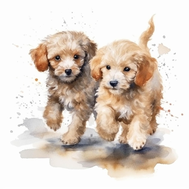 Zwei kleine Hunde laufen zusammen in einer generativen Aquarellmalerei