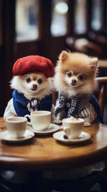 Zwei kleine Hunde sitzen an einem Tisch mit Bechern und Untertassen