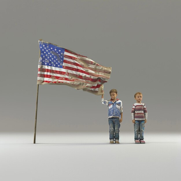 zwei kleine Jungen stehen neben einer Flagge, auf der die amerikanische Flagge steht