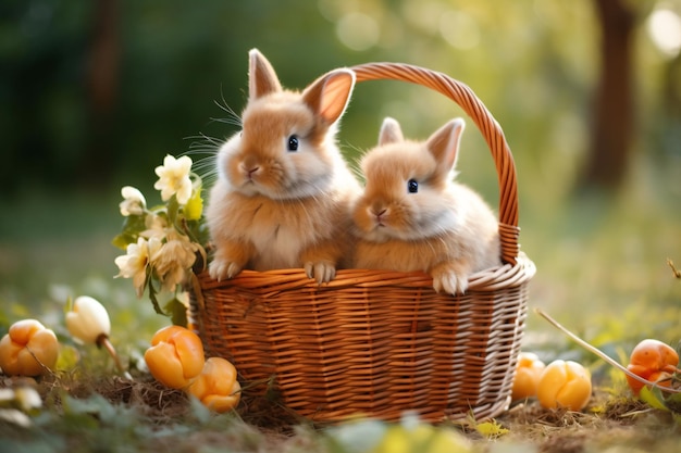 zwei kleine Kaninchen sitzen in einem Korb mit Orangen