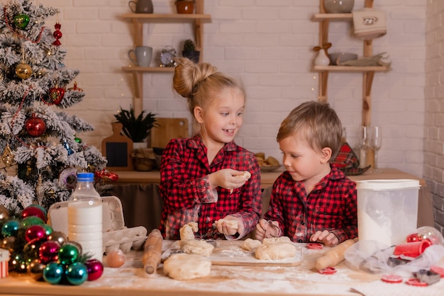 Zwei kleine Kinder backen zu Weihnachten einen Kuchen und drehen einen Kochblog. Kinderblogger