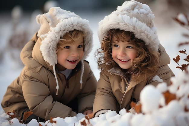 Zwei kleine Kinder haben Spaß in der wunderschönen Winternatur mit schneebedeckten Bäumen