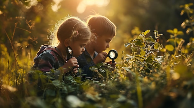 Foto zwei kleine kinder in einem wald betrachten pflanzen unter einer lupe mit rucksäcken. generative ki