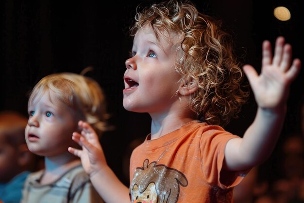 Foto zwei kleine kinder mit erhobenen händen